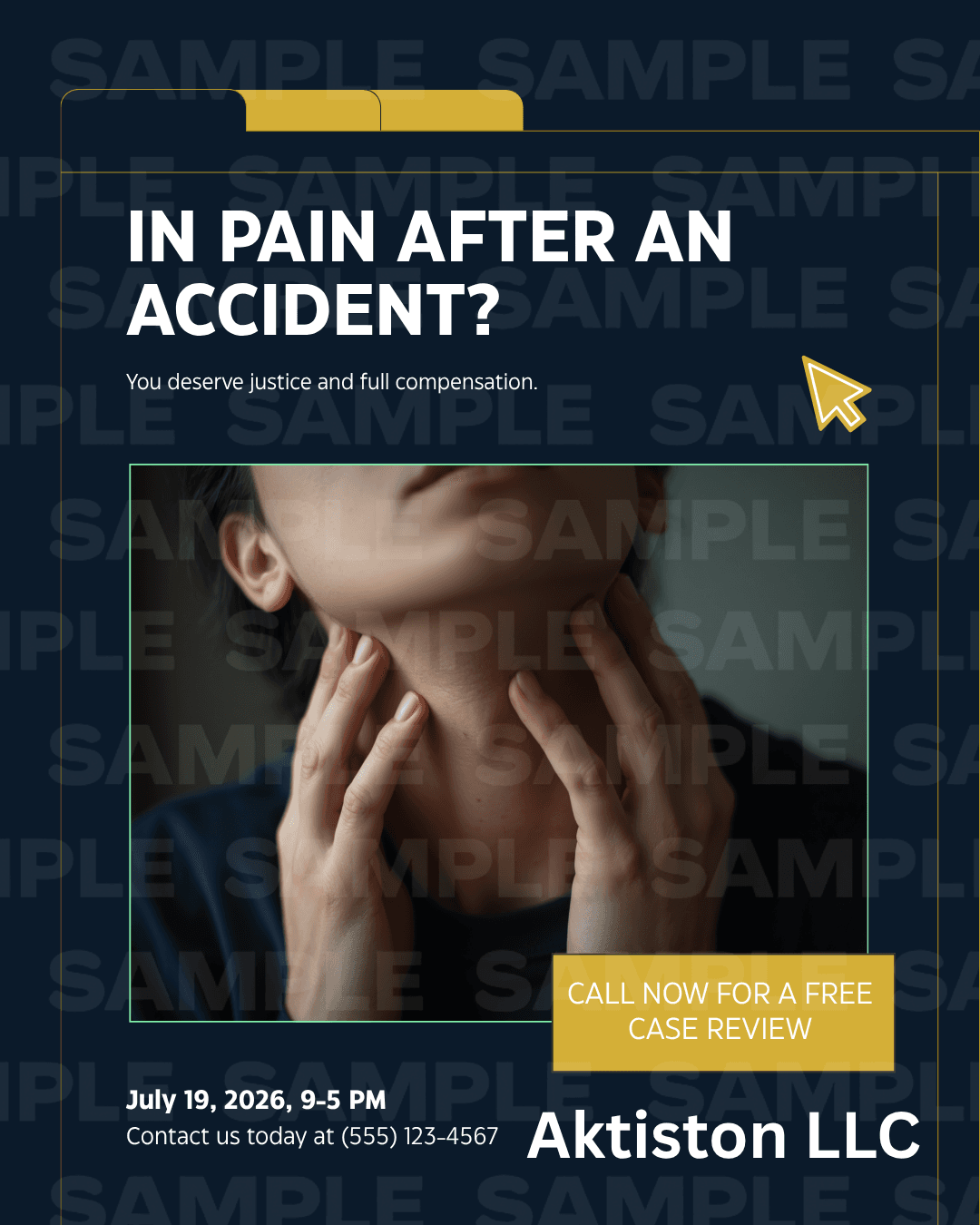 Sample personal-injury post reading "In pain after an accident? You deserve justice and full compensation," with a free case review call to action.