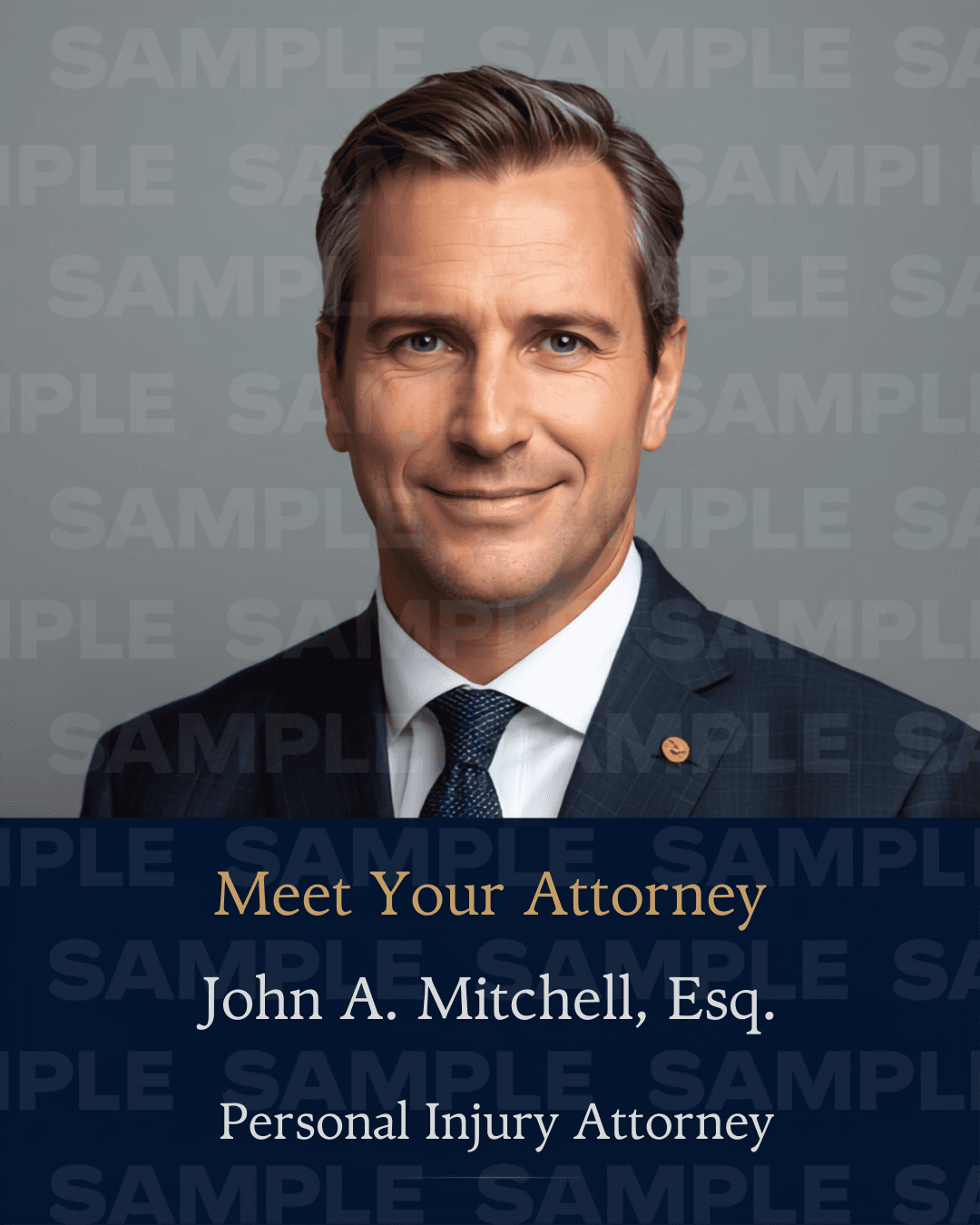 Sample "Meet your attorney" post introducing a fictional personal-injury attorney with a headshot.