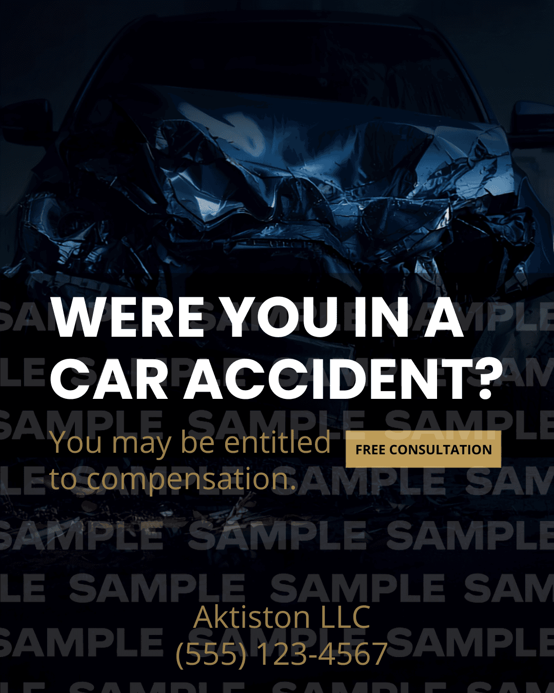 Sample personal-injury post reading "Were you in a car accident? You may be entitled to compensation," with a free consultation prompt.