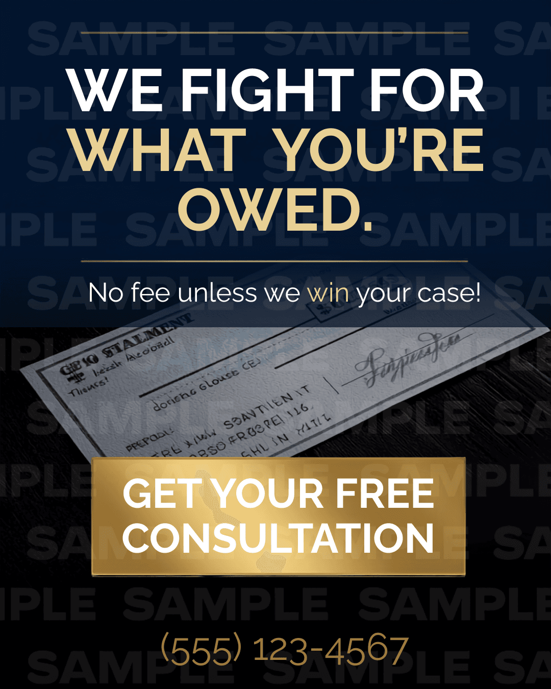 Sample personal-injury post reading "We fight for what you're owed. No fee unless we win your case."