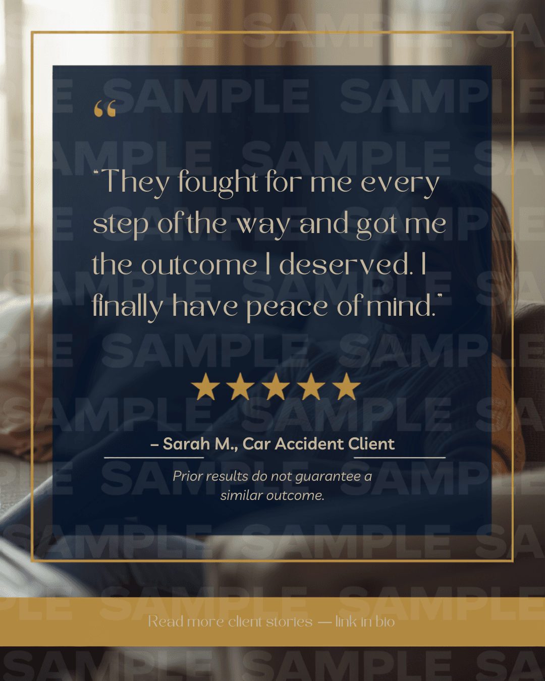 Sample client testimonial post with a five-star rating and the required prior-results disclaimer.