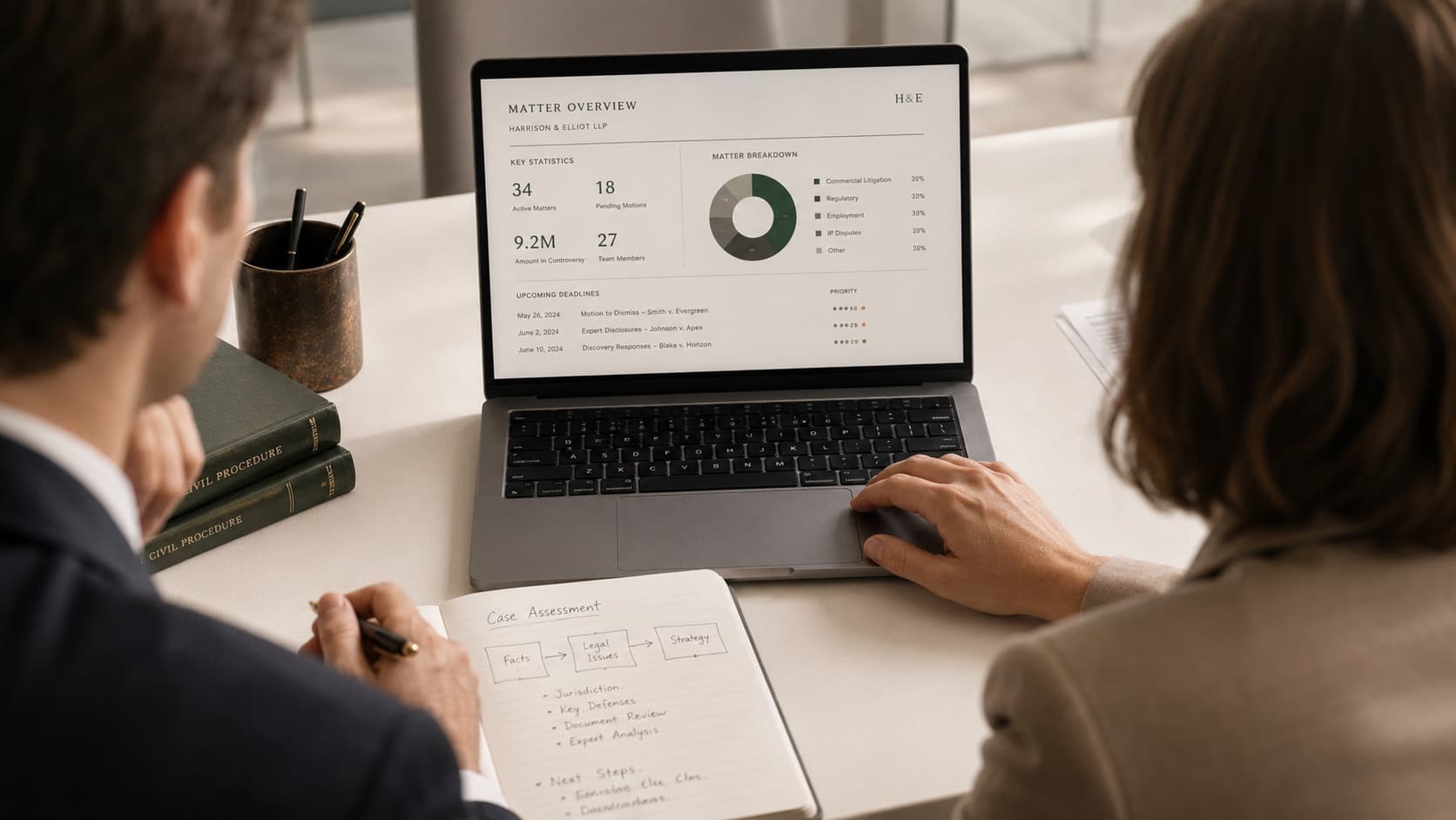 Attorneys reviewing a matter dashboard together during an AI training session